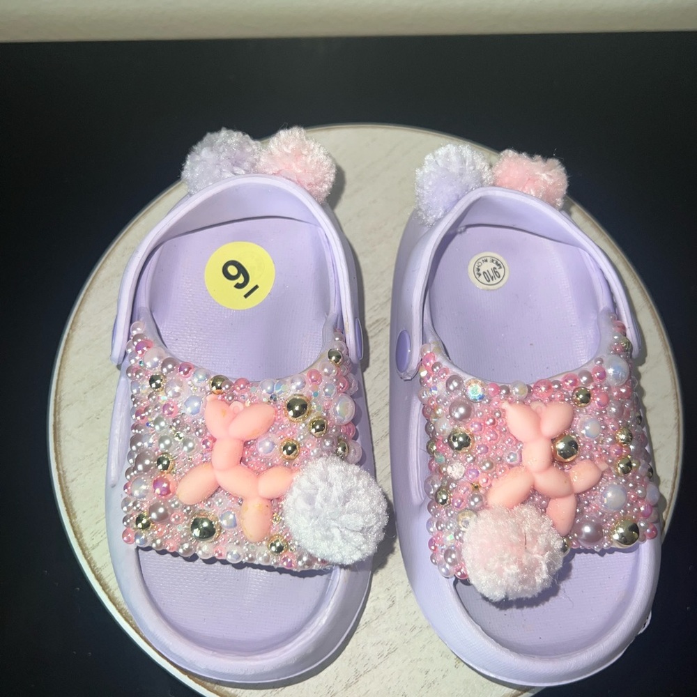 Kids Spring Easter‎ Summer Lavender Beaded Pom-Pom Clog Sandals